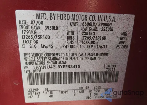 2000 Ford Excursion Limited z USA, uszkodzony, nr VIN 1FMNU42L8YEE53415